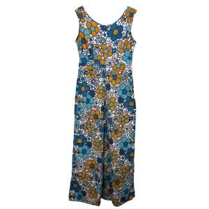 Ratlee Vintage 60s 70s Jumpsuit Women’s S Cotton Floral Wide Leg Mod Blue